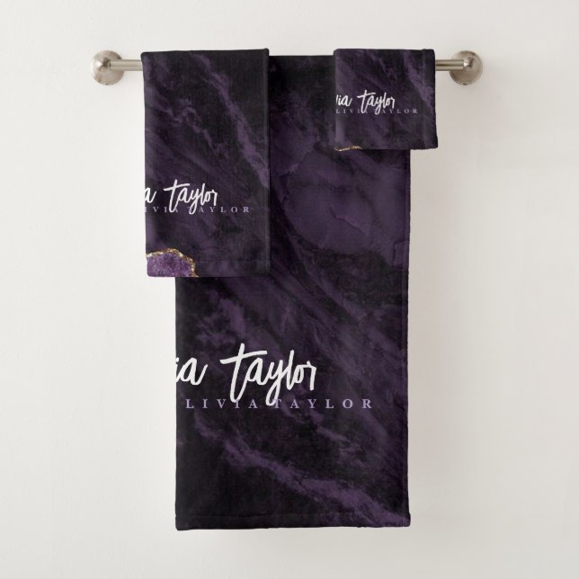 Moody Purple Gold Marble bath towel (Insitu)