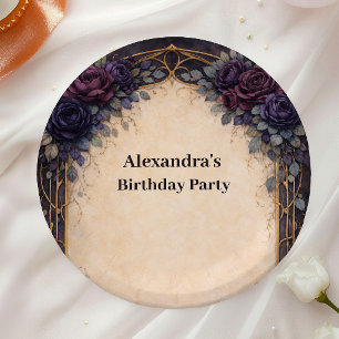 Moody Purple Gothic Floral Birthday Celebration Paper Plates