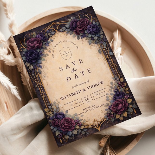 Moody Purple Gothic Floral Wedding Save The Date (Creator Uploaded)