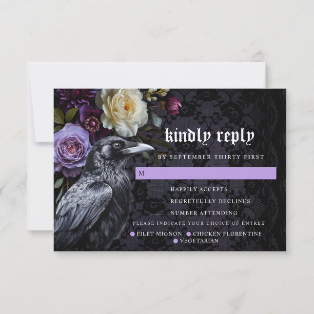 Moody Purple Gothic Garden Crow  | Meal Options RSVP Card (Front)