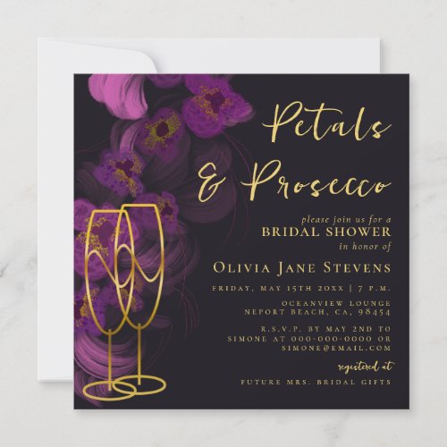 Moody Purple Orchids Petals Prosecco Bridal Shower Invitation