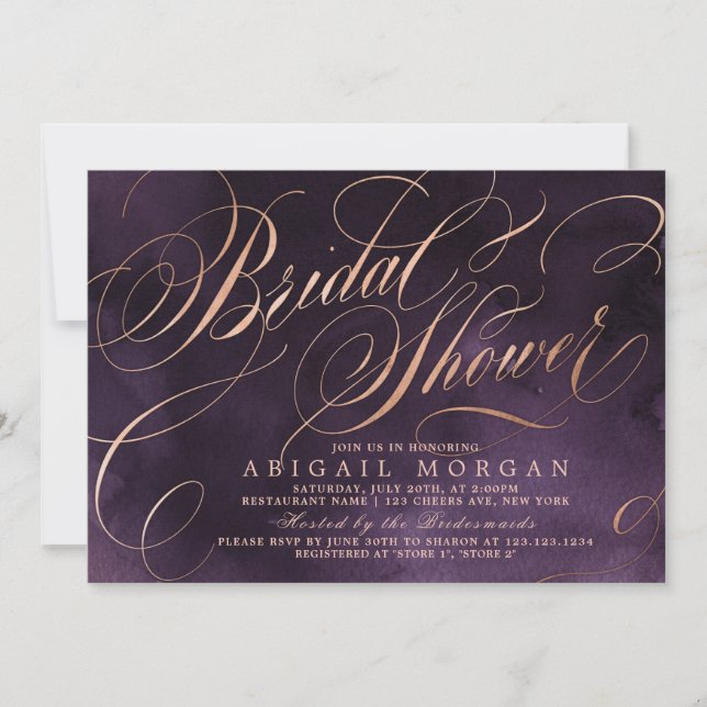 Moody purple rose gold calligraphy Bridal Shower Invitation (Front)