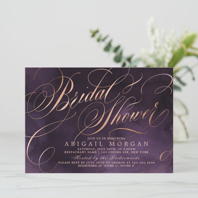 Moody purple rose gold calligraphy Bridal Shower Invitation (Standing Front)