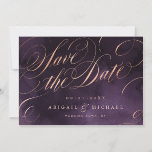Moody purple rose gold calligraphy save the date