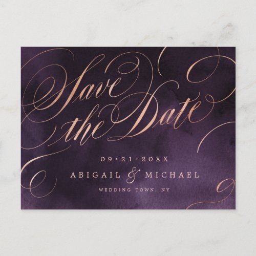 Moody purple rose gold calligraphy save the date announcement postcard