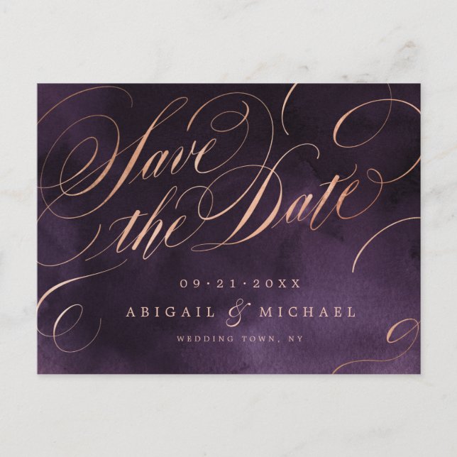 Moody purple rose gold calligraphy save the date announcement postcard (Front)