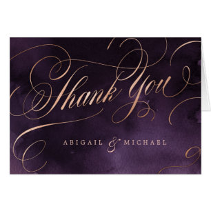 Moody purple rose gold calligraphy thank you cards