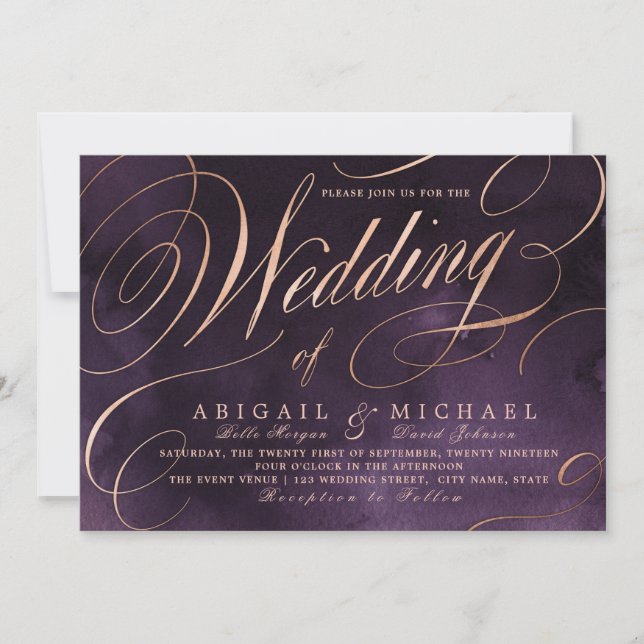 Moody purple rose gold calligraphy vintage wedding invitation (Front)