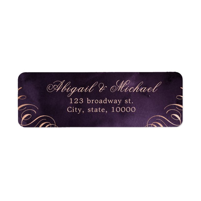 Moody purple rose gold calligraphy vintage wedding label (Front)