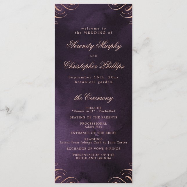 Moody purple rose gold Calligraphy Wedding Program (Front)