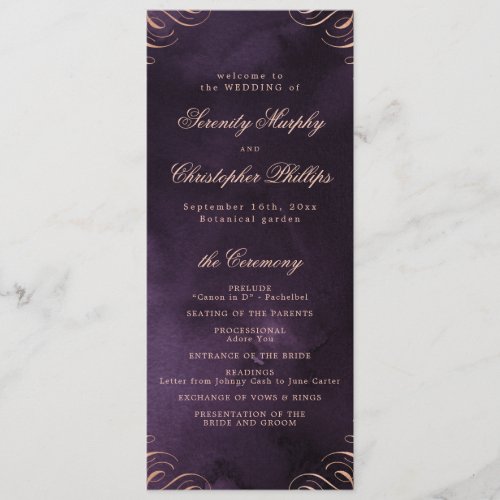 Moody purple rose gold Calligraphy Wedding Program
