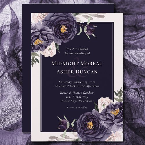 Moody Purple Roses Floral Wedding Invitation