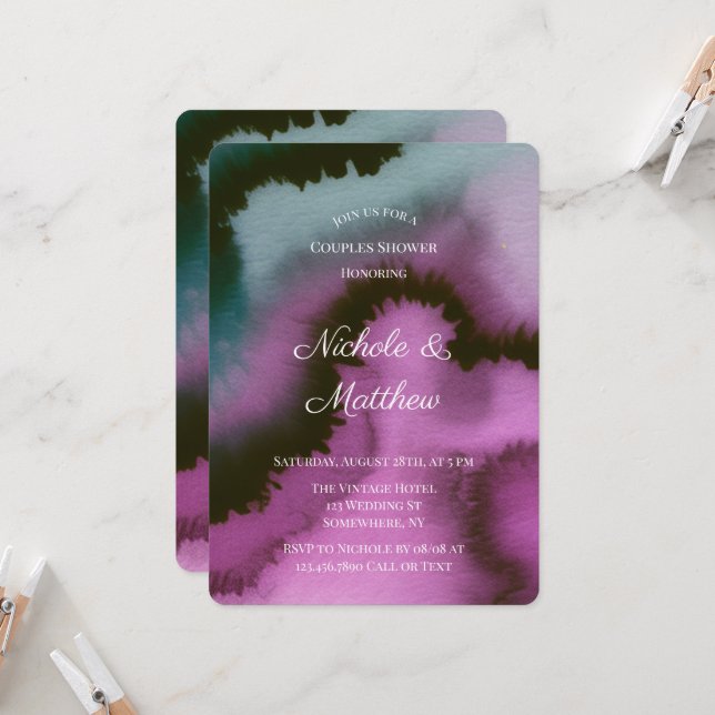 Moody Purple & Teal Abstract Couples Shower Invitation (Front/Back In Situ)