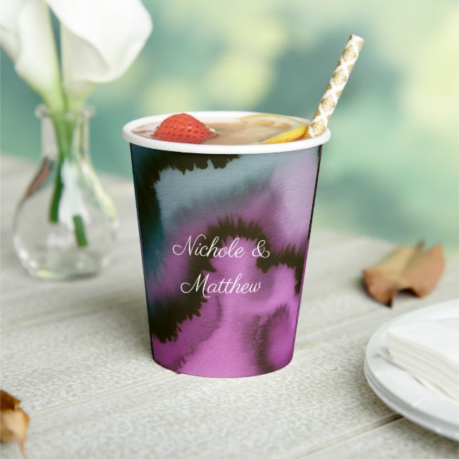 Moody Purple & Teal Abstract Wedding Paper Cups (Insitu)