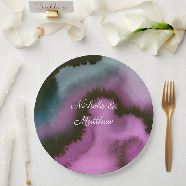Moody Purple & Teal Abstract Wedding Paper Plates (Wedding)