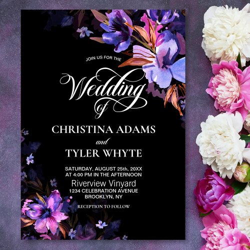 Moody Purple Watercolor Floral Black Wedding Invitation