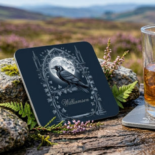 Moody Raven Floral Dark Academic Birthday Beverage Coaster
