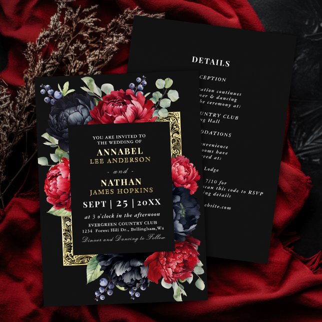 Moody Red and Black Elegant Floral Wedding Foil Invitation (Creator Uploaded)