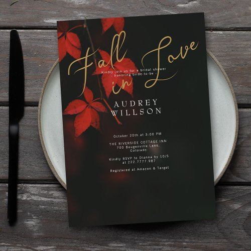 Moody Red Autumn Leaves Fall in Love Bridal Shower Invitation