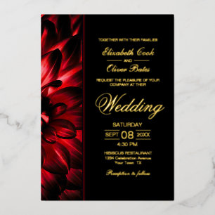 Moody Red Dahlia Floral Gold Text Wedding Foil Invitation
