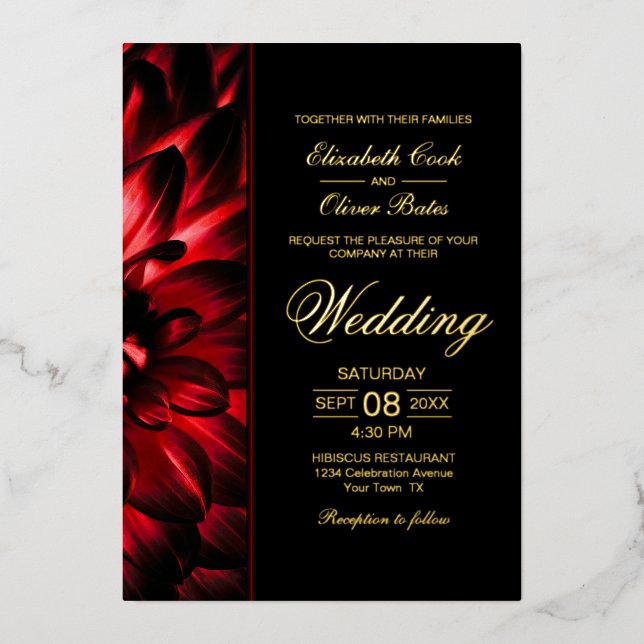 Moody Red Dahlia Floral Gold Text Wedding Foil Invitation (Front)