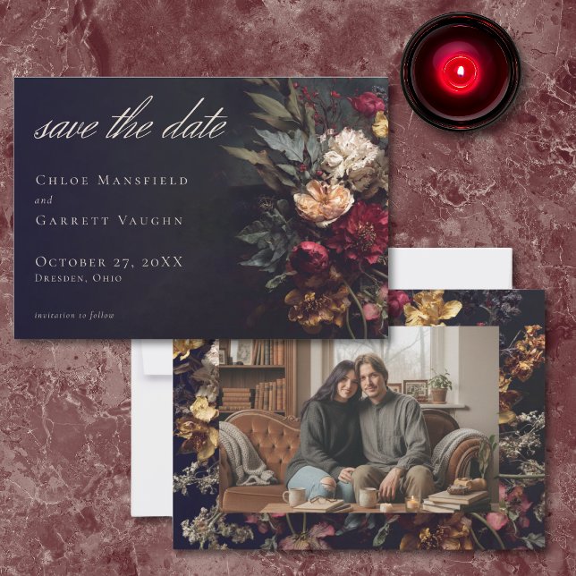 Moody Romantic Dark Floral Gothic Photo Wedding Save The Date (Creator Uploaded)