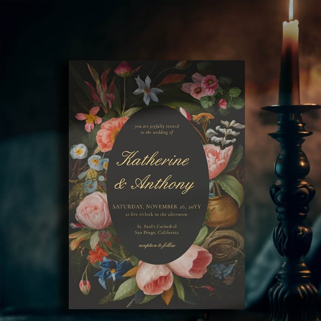 Moody Romantic Dreamy Pinks Dark Gothic Wedding Invitation (moody romantic wedding invitation pink floral frame painting dutch masters elegant gothic dark black)