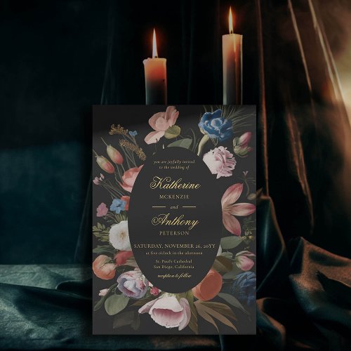 Moody Romantic Floral Dreamy Black Frame Wedding Invitation