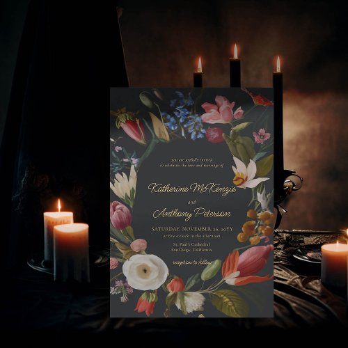 Moody Romantic Gothic Dark Floral Frame Wedding Invitation