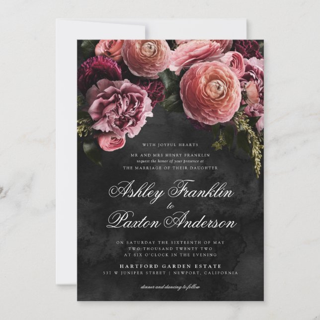 Moody Romantic Pink Floral Bouquet on Black  Invitation (Front)