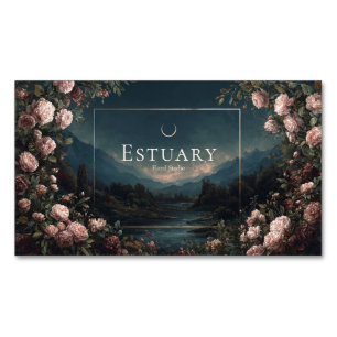 Moody Rose Floral and Twilight Mountain Landscape Business Card Magnet