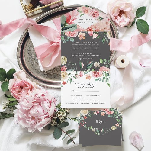Moody Rose  Romantic Spring Florals Wedding All In One Invitation