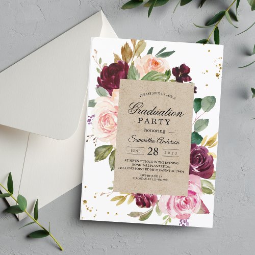 Moody  Rustic Burgundy Kraft Floral Frame  Gold  Invitation