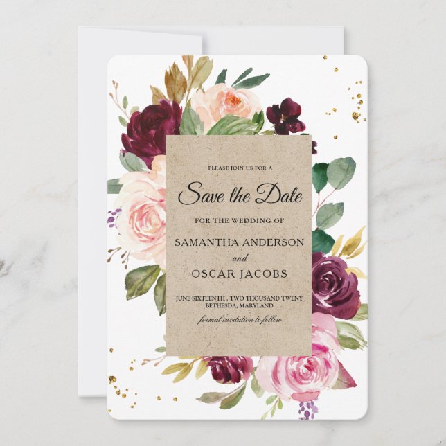 Moody & Rustic Burgundy Kraft Floral Frame & Gold  Save The Date (Front)