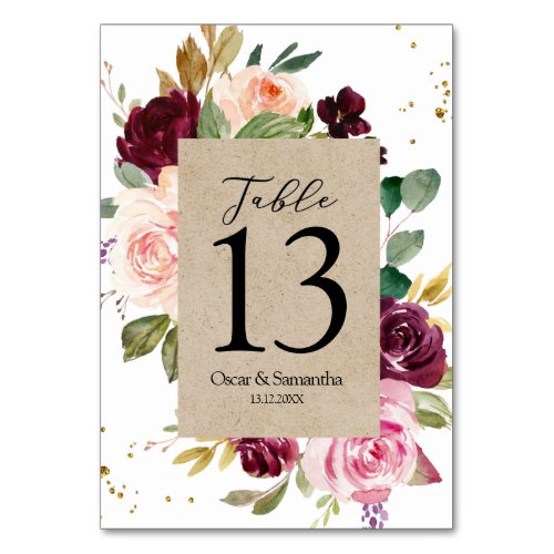 Moody  Rustic Burgundy Kraft Floral Frame  Gold  Table Number