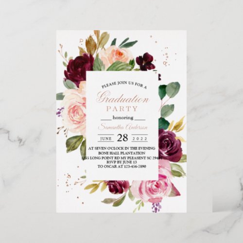 Moody  Rustic Burgundy Watercolor Floral Frame Foil Invitation