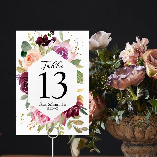 Moody  Rustic Burgundy Watercolor Floral Frame Table Number