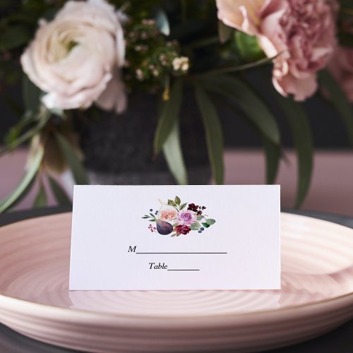 Moody  Rustic Burgundy Watercolor Flowers  Berry Place Card