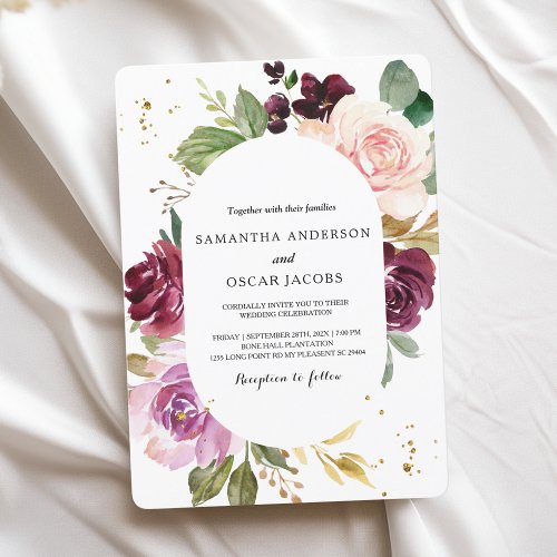 Moody  Rustic Burgundy Watercolor Flowers Frame  Invitation