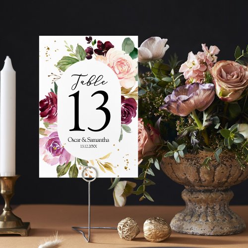 Moody  Rustic Burgundy Watercolor Flowers Frame  Table Number