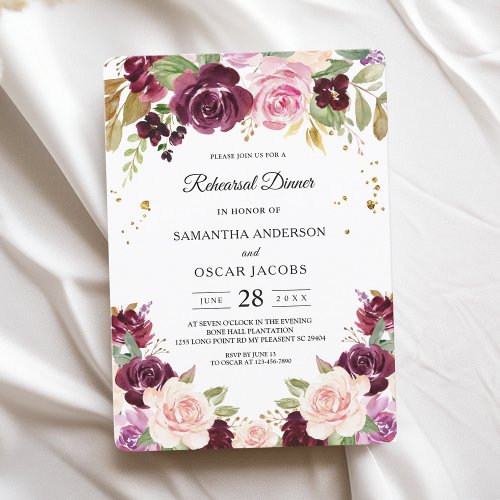 Moody  Rustic Burgundy Watercolor Flowers  Leaf Invitation