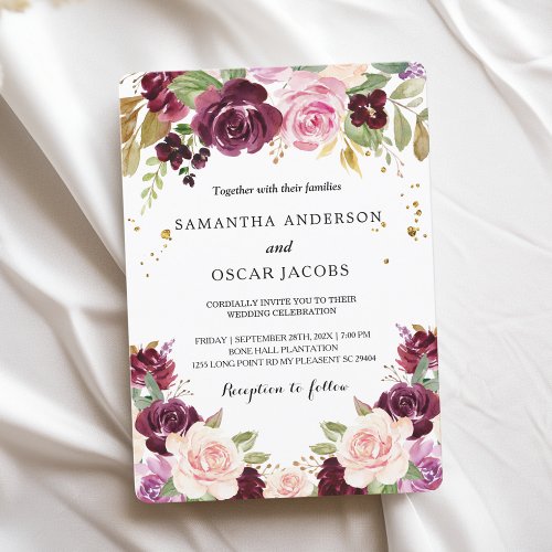 Moody  Rustic Burgundy Watercolor Flowers  Leaf Invitation