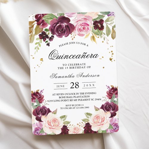 Moody  Rustic Burgundy Watercolor Flowers  Leaf Invitation