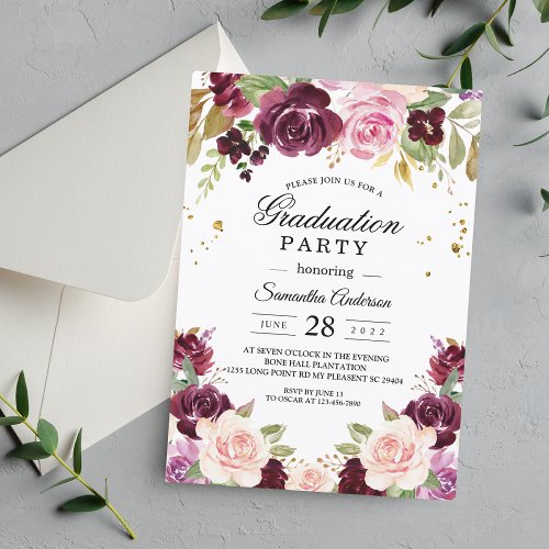 Moody  Rustic Burgundy Watercolor Flowers  Leaf Invitation