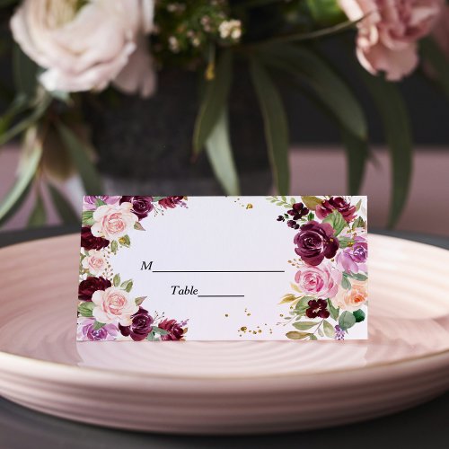 Moody  Rustic Burgundy Watercolor Flowers  Leaf Place Card