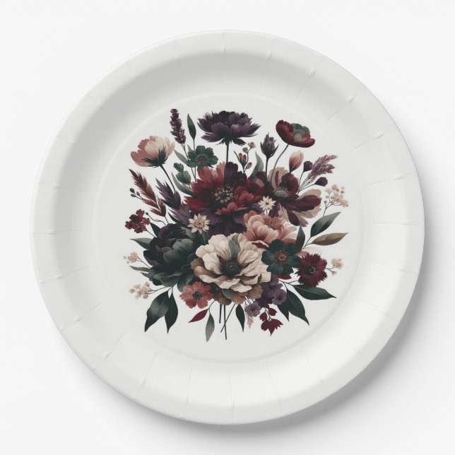 Moody Rustic Garden Florals Bohemian Wedding  Paper Plates (Front)