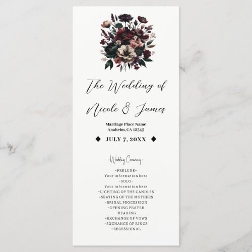 Moody Rustic Garden Florals Bohemian Wedding  Program