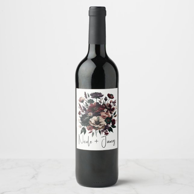 Moody Rustic Garden Florals Bohemian Wedding  Wine Label (Front)