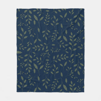 Moody Sage Green Leaves Navy Pattern Fleece Blanket