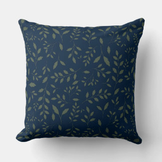 Moody Sage Green Leaves Navy Pattern Throw Pillow